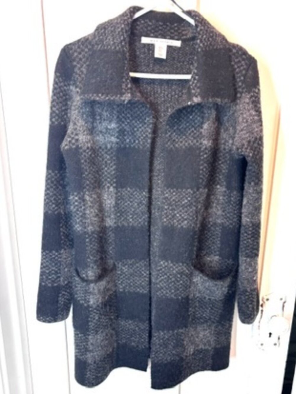 Max Studio Small Open Front Cardigan Plaid Long Sleeve Pocket Knit Cardigan